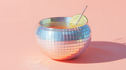 Disco Cocktail Delight: A captivating disco ball cocktail, garnished with a lime slice, rests on a pink surface, the scene is bathed in the soft glow, a celebration of refreshment and style.