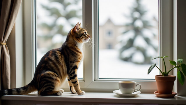 Cat playing in indoor winter window setting with snow view