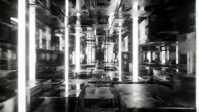 Abstract Futuristic Digital Tunnel With Glowing Columns and Cyber Grid Architecture