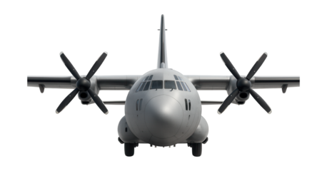 Military turboprop transport aircraft with unique nose radome and rear cargo access.