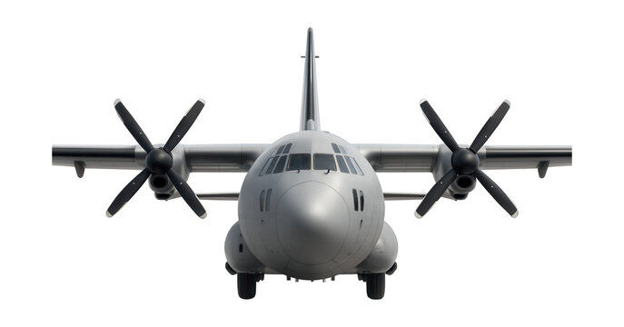 Military turboprop transport aircraft with unique nose radome and rear cargo access.