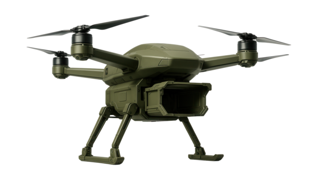 Military quad-rotor drone featuring a modular payload bay and retractable landing gear.