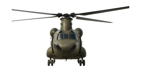 Twin-rotor military transport chopper with a spacious cargo area and side access doors.