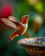 Fototapeta premium Hummingbird hovering near colorful flower closeup studio photo