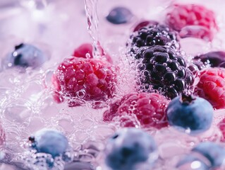 Luscious mixed berries cascading with fresh, clear water create a vibrant scene