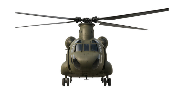 Twin-rotor military transport chopper with a spacious cargo area and side access doors.