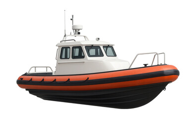 Rigid rescue boat with external floats and a white cabin.