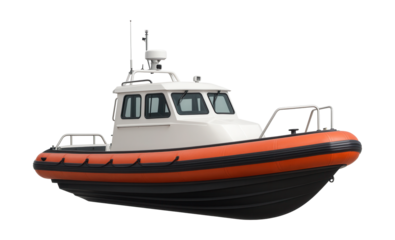 Rigid rescue boat with external floats and a white cabin.