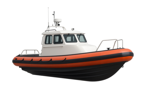 Rigid rescue boat with external floats and a white cabin.