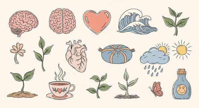 A set of gentle hand-drawn illustrations for mental health and self-care. Includes doodles of brains, hearts, calming waves, meditation cushions, teacups, rain clouds with sun, and growth symbols. 