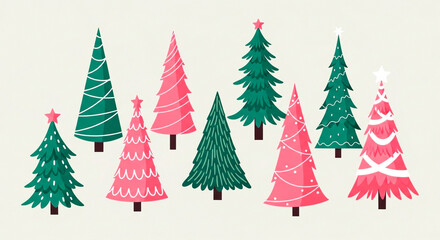 Illustration of a set of stylized Christmas trees in green and pink