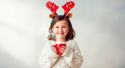 A happy child with reindeer antlers holding a cup of hot chocolate