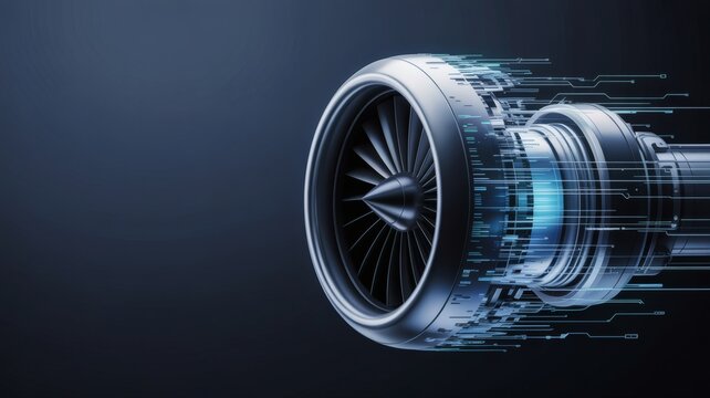 Futuristic jet engine turbine with digital data streams