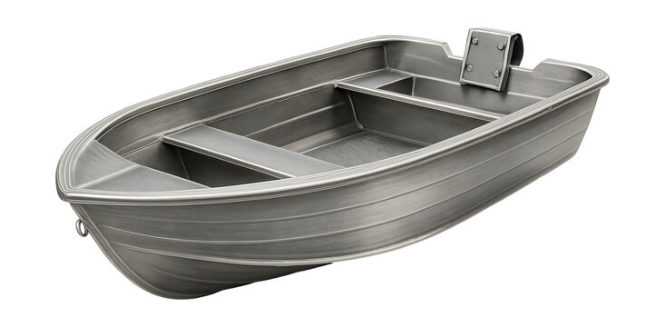 Aluminum-hulled open-top dinghy with a single outboard motor mount. - Powered by Adobe