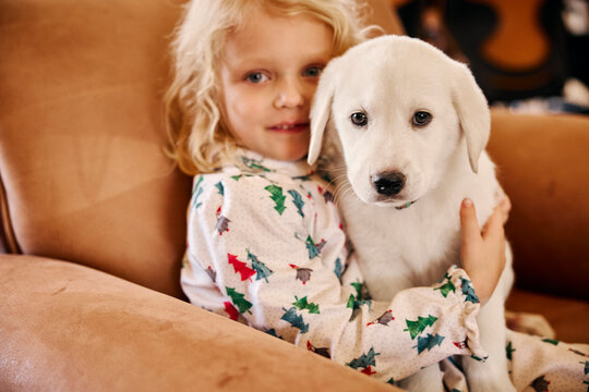 Young child in Christmas pajamas cuddles with white Labrador puppy on cozy couch at home