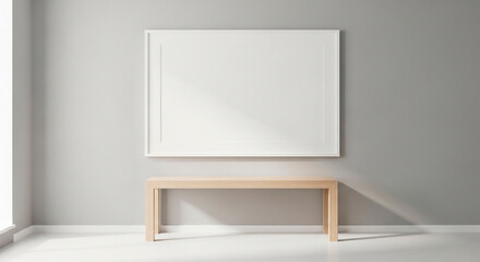 Mockup of an empty white square painting on a minimalist gray wall