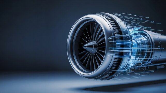 Futuristic jet engine turbine with glowing blue energy streams