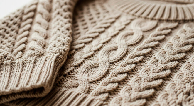 Close-up of a cozy beige knitted wool sweater