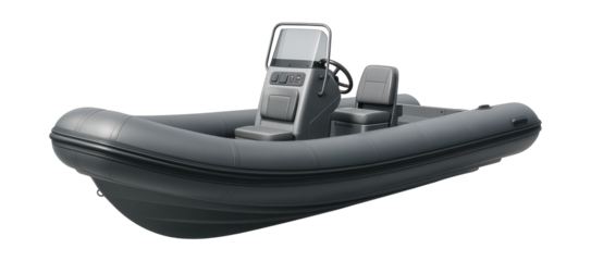 Rigid inflatable boat featuring gray tubes and a central console.
