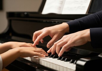 Obraz premium Close up adult guiding child hands playing piano during music education lesson