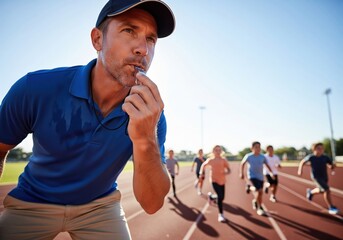 Male sports coach blowing whistle during track race with young athletes