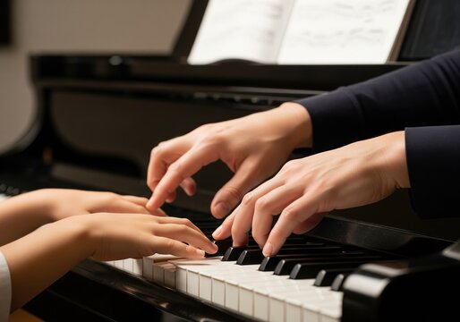 Close up adult guiding child hands playing piano during music education lesson