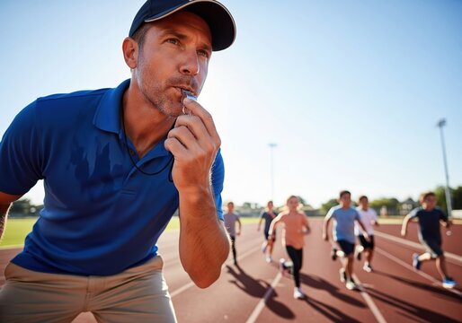 Male sports coach blowing whistle during track race with young athletes