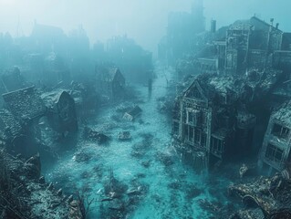 Submerged cityscape ruins in a dense fog reflecting decay and abandonment