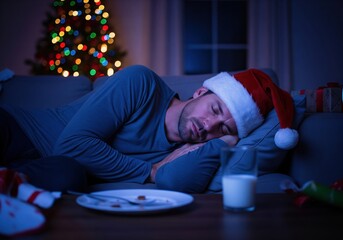 Exhausted man in Santa hat sleeping on sofa Christmas Eve after holiday festivities