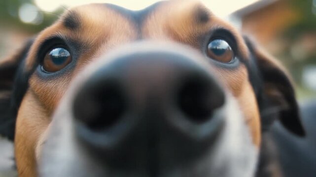 Engaging close-up of a happy dog's curious face
