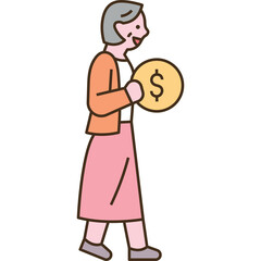 Elderly Woman with Gray Hair in Orange Jacket Pink Skirt Holding Golden Dollar Coin While Walking Isolated on Transparent Background