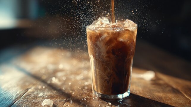 Iced coffee with ice cubes and splashes on rustic wooden table surface - Powered by Adobe