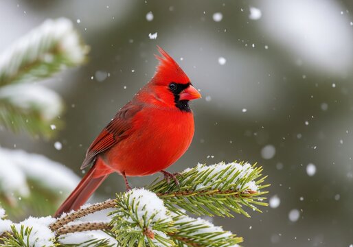 Vibrant red cardinal bird resting on snowy evergreen branch with gentle winter snow