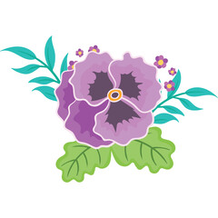 Delicate Purple Pansy Flower Arrangement with Teal Leaves and Small Purple Blossoms on a Transparent Background
