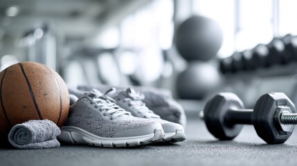 Gym essentials with sport shoes, basketball and dumbbell on the floor