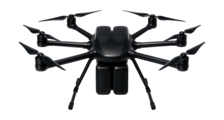 Hexacopter with dual batteries for longer flight duration.