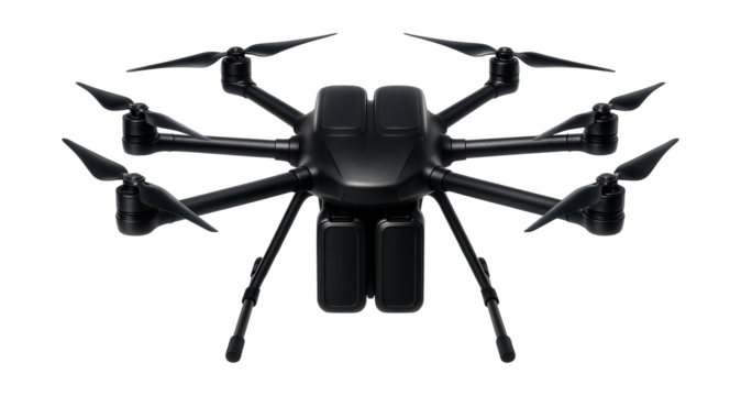 Hexacopter with dual batteries for longer flight duration.