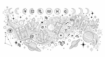 Obraz premium A mystical hand-drawn set of astrology and esoteric symbols. Includes zodiac signs, moons, stars, crystals, tarot cards, eyes, and magical planets. Intricate and celestial line art.