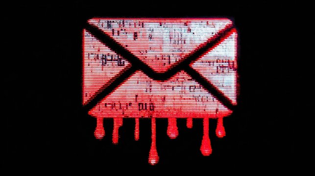 Poisoned Email Icon With Glitch Pixels and Dripping Effects Highlights Dangerous Attachment Warning