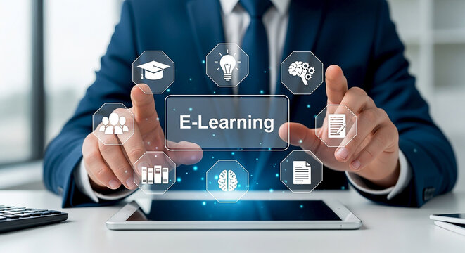 E Learning Education Business Man with Modern Digital Online Learning Course Training Webinar Technology Concept Ideas - Powered by Adobe