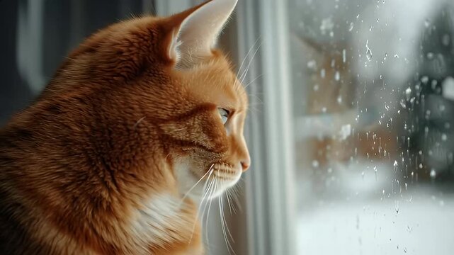Orange Cat Stares Longingly Out Window on Cold Rainy Snowy Day