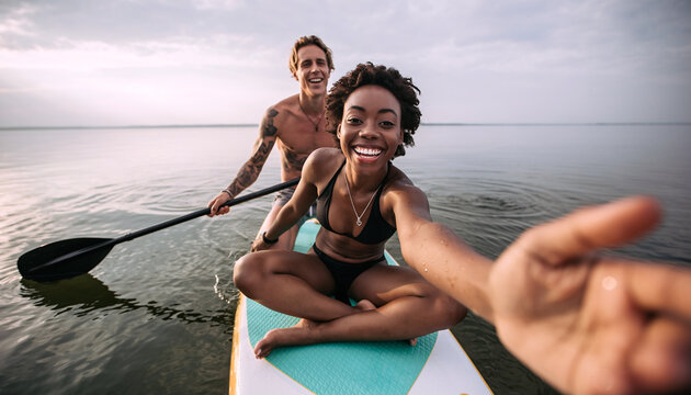 Couple paddleboarding on calm water, adventure and summer fun concept
