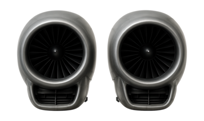Engine housings featuring large air intakes and prominent thrust reversers.