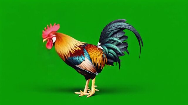 A colorful rooster strides confidently across a vibrant green screen background in a studio shot chicken green screen video