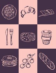 Hand drawn poster with food, pizza, croissant, cheese, coffee, cup and baguette. Modern style vector illustration. 