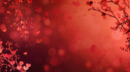 A vibrant red background with soft bokeh effects and delicate heart shapes. Ideal for romantic themes and Valentine's Day designs. copy space, free space for text