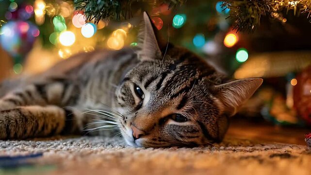 Sleeping Tabby Cat Relaxing Under Christmas Tree Lights