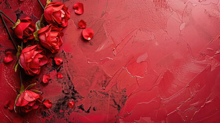 Valentine's Day, Red roses with petals on a textured red background. The scene conveys romance and beauty, copy space, free space for text