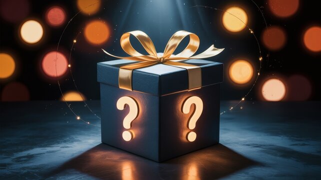 Mysterious gift box with question marks and bokeh lights