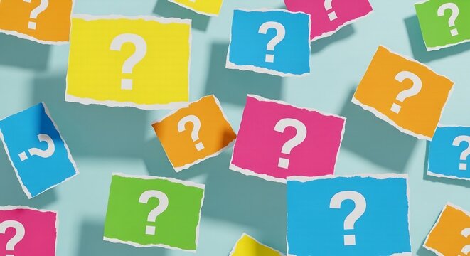 Colorful Question Marks on Torn Paper Pieces Floating on Blue Background.